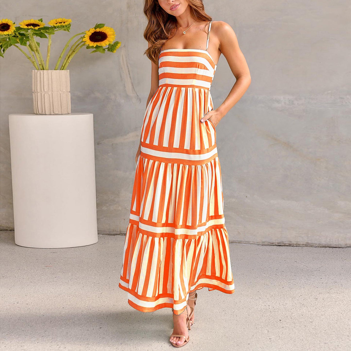 Backless Striped Dress with Sweet Details